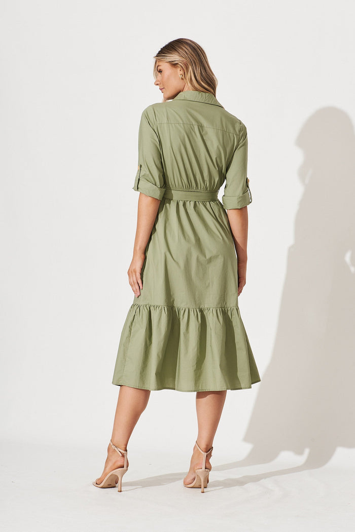 Cornellie Midi Shirt Dress In Khaki Cotton - back