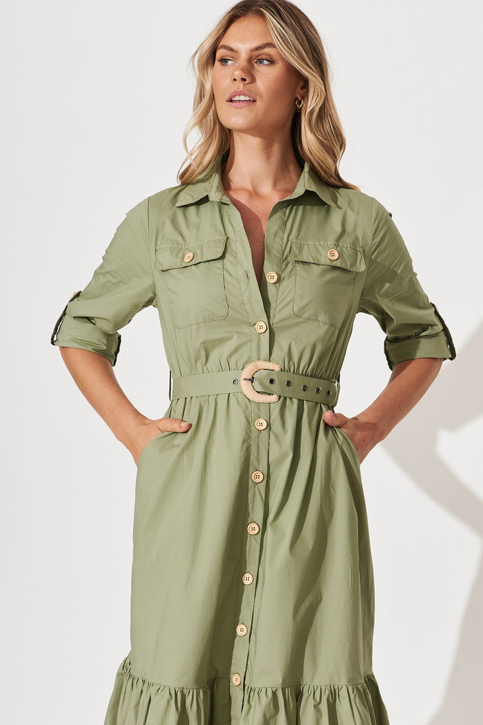 Cornellie Midi Shirt Dress In Khaki Cotton - front