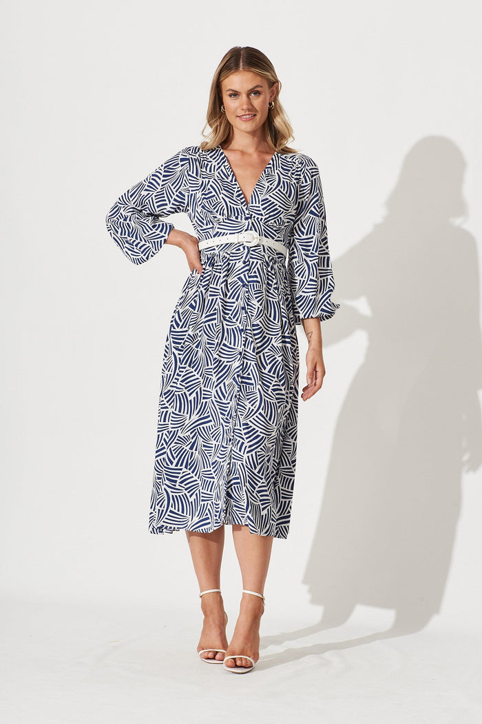 Elanora Midi Shirt Dress In Navy With White Print - full length