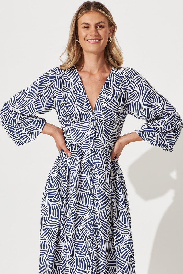 Elanora Midi Shirt Dress In Navy With White Print - front