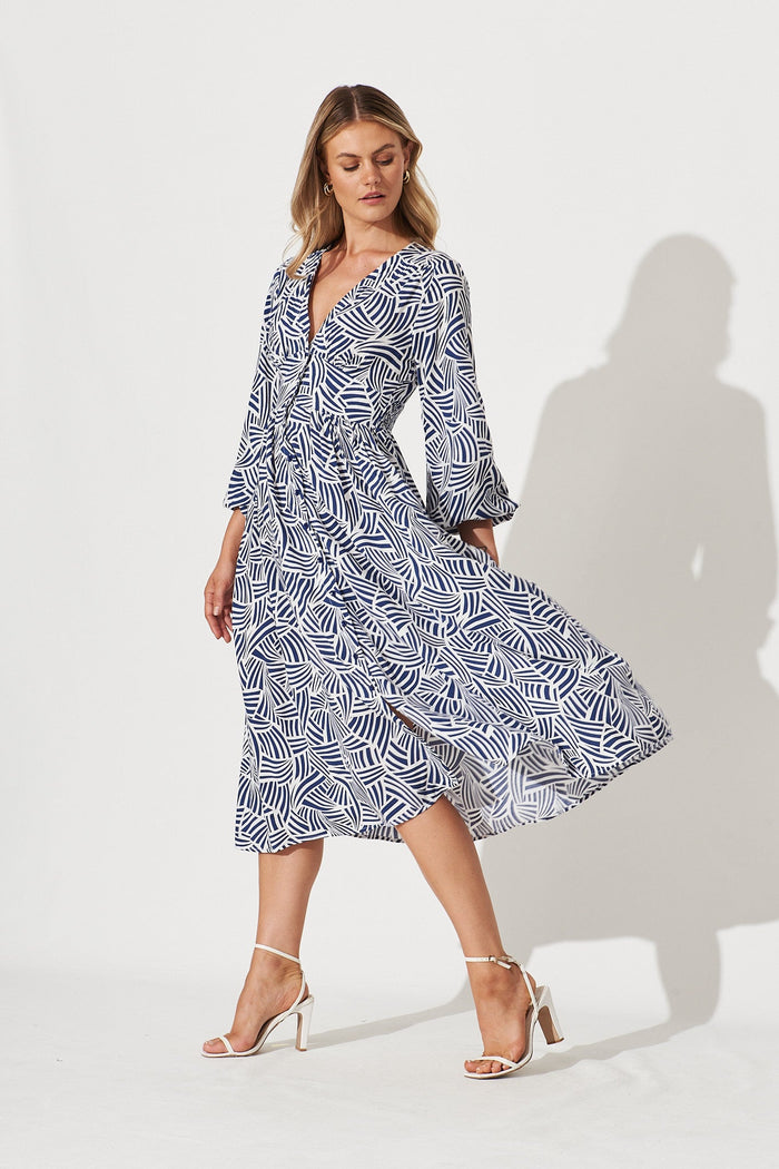 Elanora Midi Shirt Dress In Navy With White Print - side
