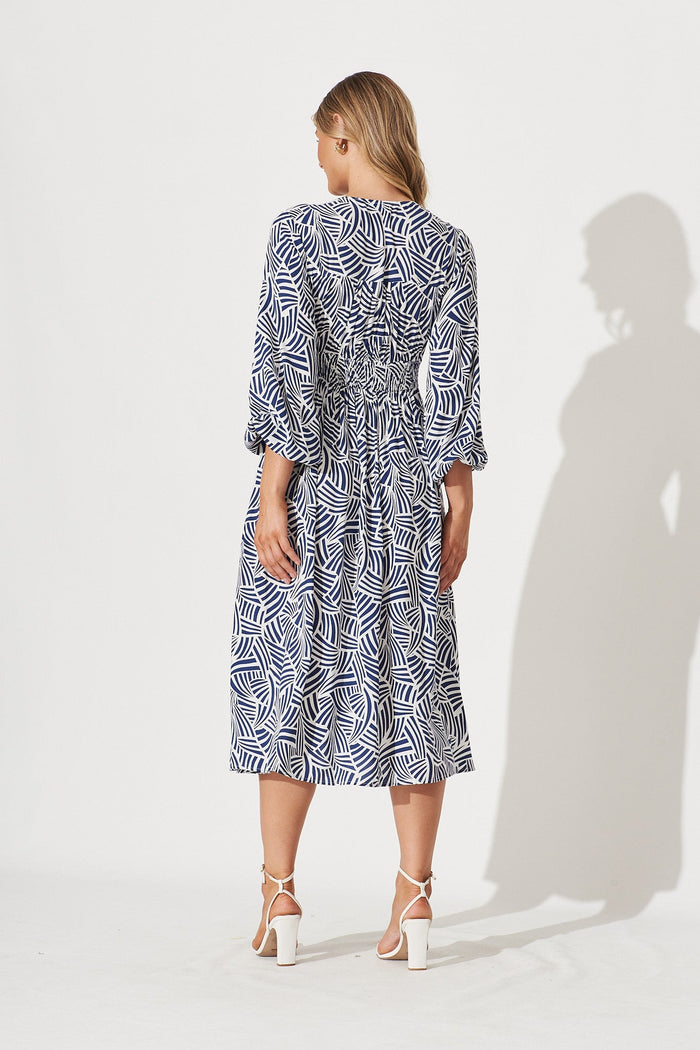 Elanora Midi Shirt Dress In Navy With White Print - back