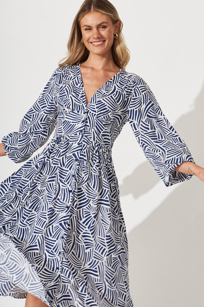 Elanora Midi Shirt Dress In Navy With White Print - detail