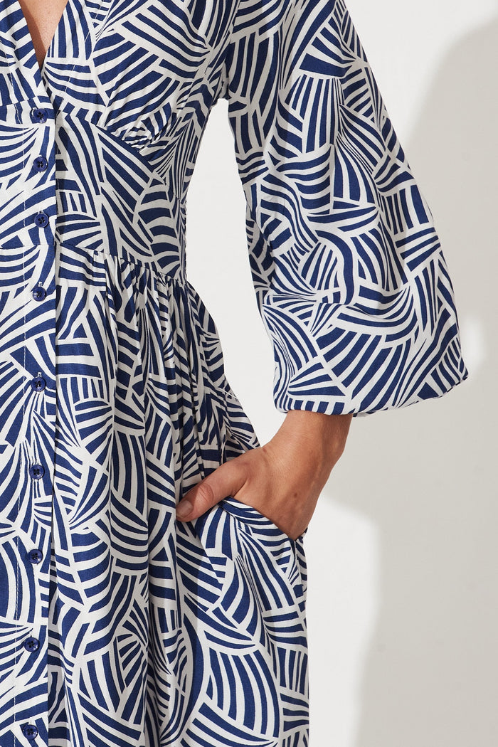 Elanora Midi Shirt Dress In Navy With White Print - detail