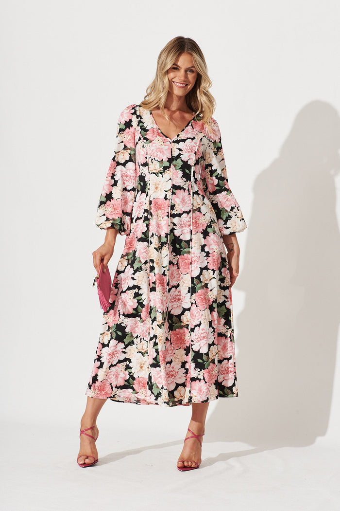 Nigella Maxi Dress In Black With Blush Floral - full length