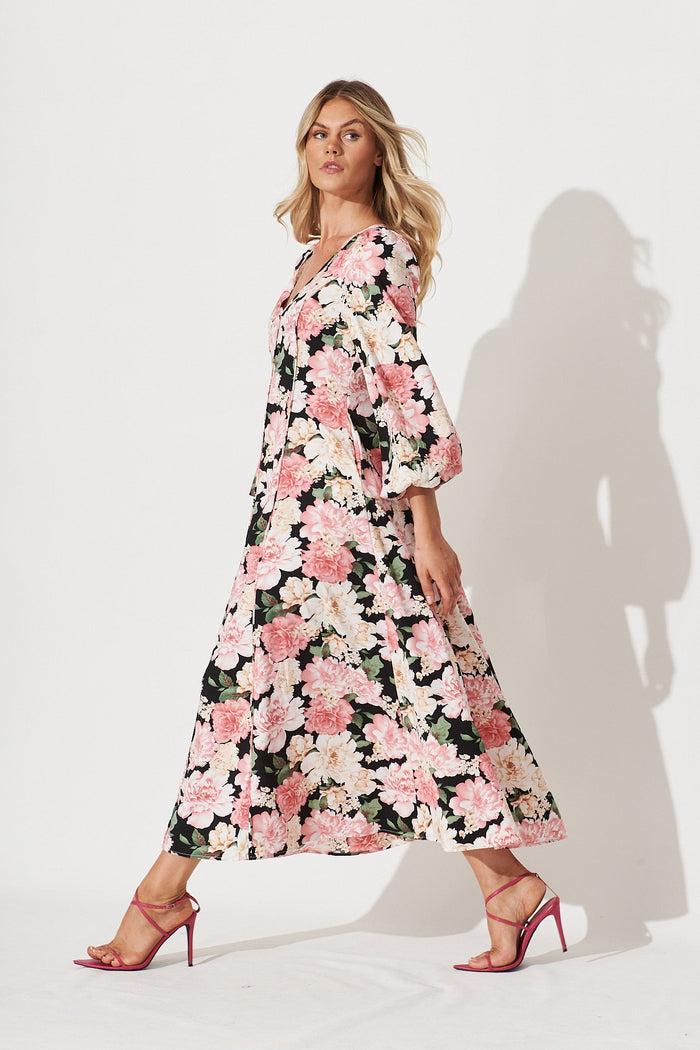 Nigella Maxi Dress In Black With Blush Floral - side