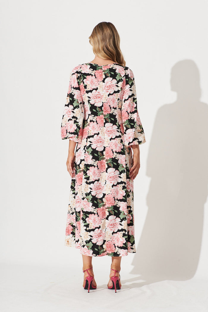 Nigella Maxi Dress In Black With Blush Floral - back