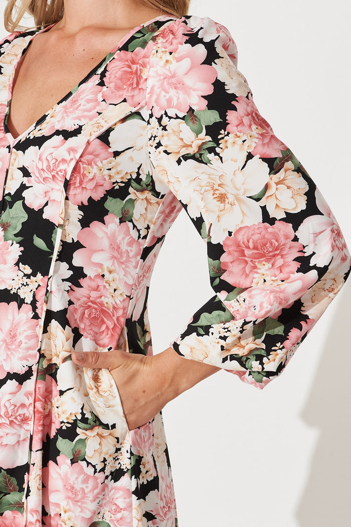 Nigella Maxi Dress In Black With Blush Floral - detail