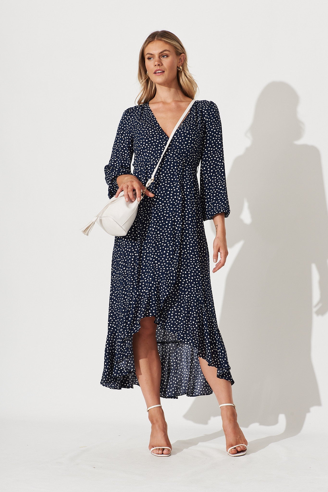 Matraville Midi Wrap Dress In Navy With White Spot - full length