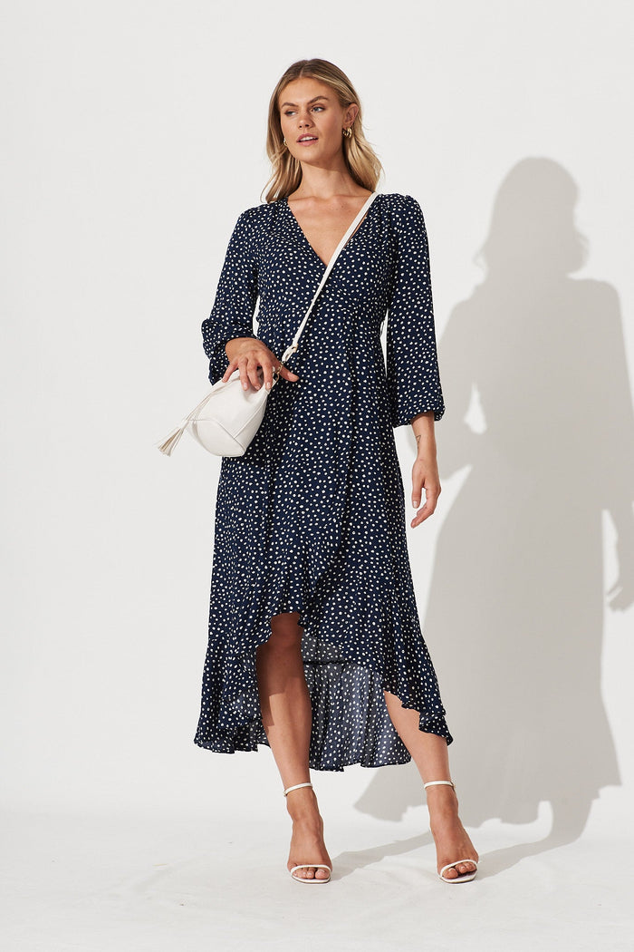Matraville Midi Wrap Dress In Navy With White Spot - full length