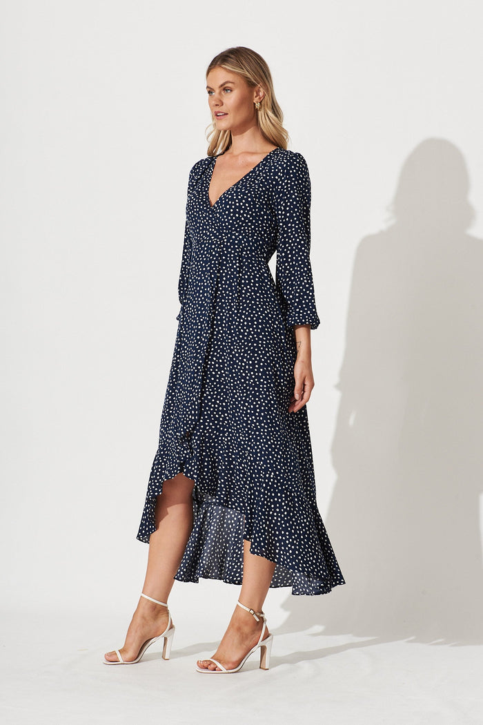 Matraville Midi Wrap Dress In Navy With White Spot - side