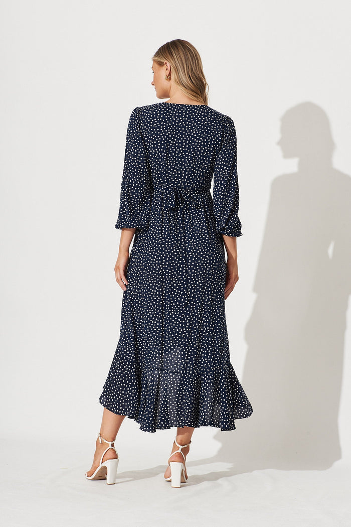 Matraville Midi Wrap Dress In Navy With White Spot - back