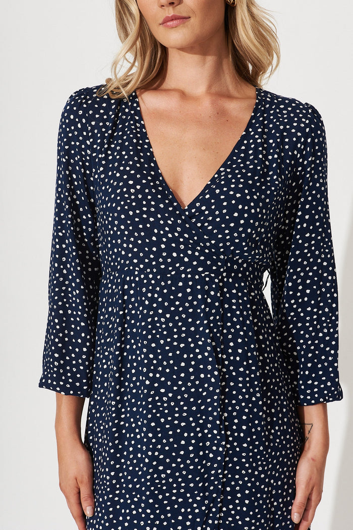 Matraville Midi Wrap Dress In Navy With White Spot - detail
