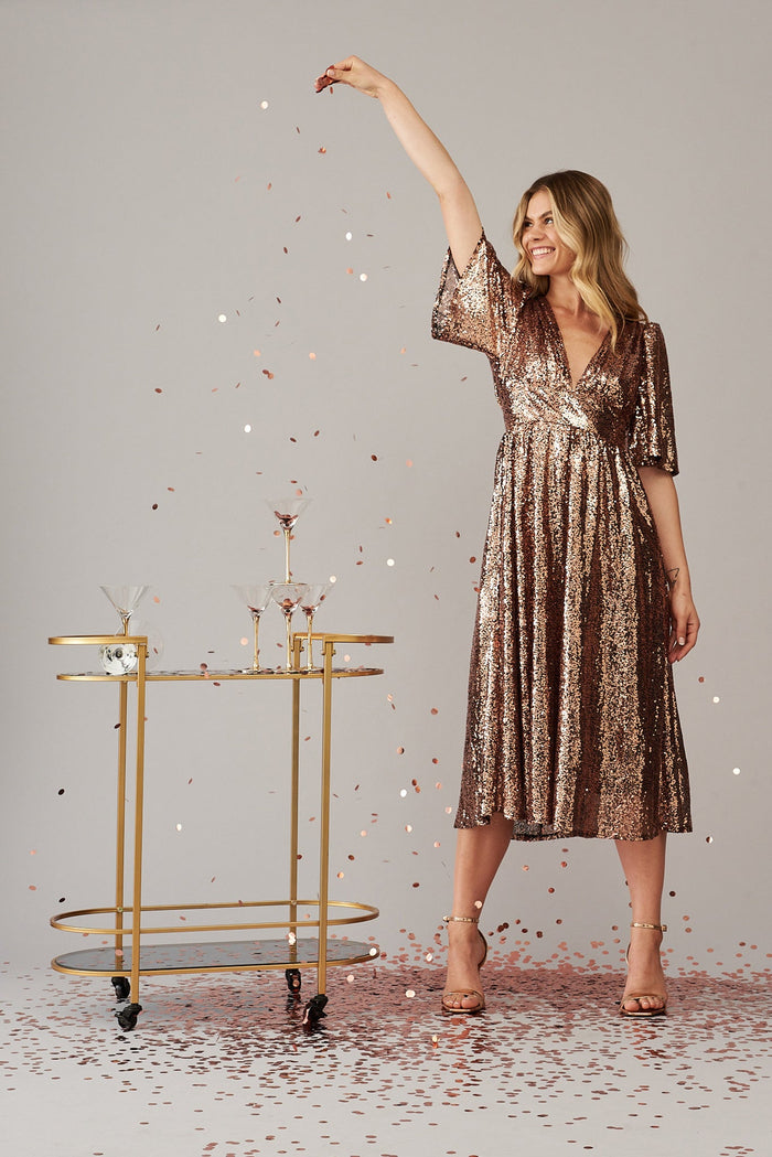 Livorno Midi Dress In Rose Gold Sequin - full length
