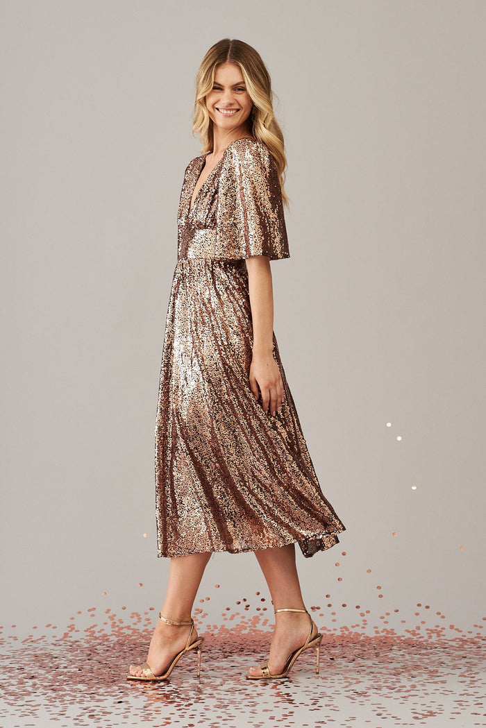 Livorno Midi Dress In Rose Gold Sequin - side