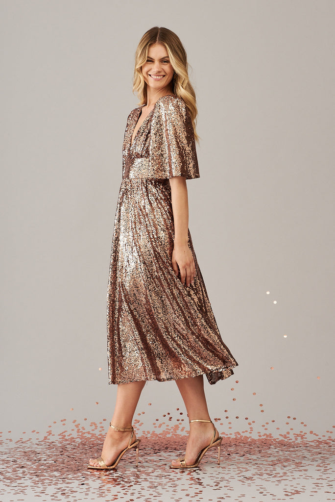 Livorno Midi Dress In Rose Gold Sequin - side