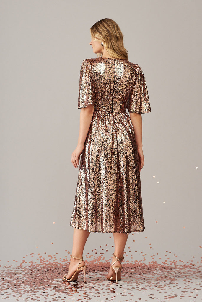 Livorno Midi Dress In Rose Gold Sequin - back
