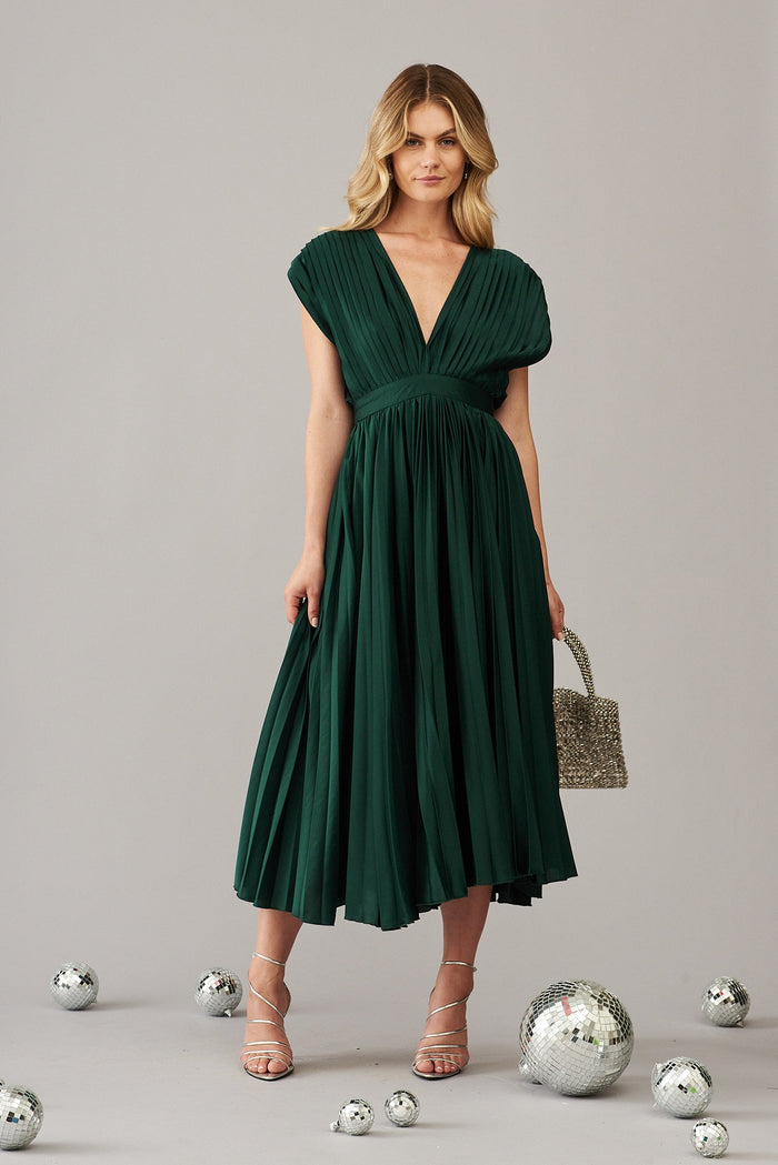 Anetta Midi Dress In Pleated Emerald Satin - St Frock (Dev)