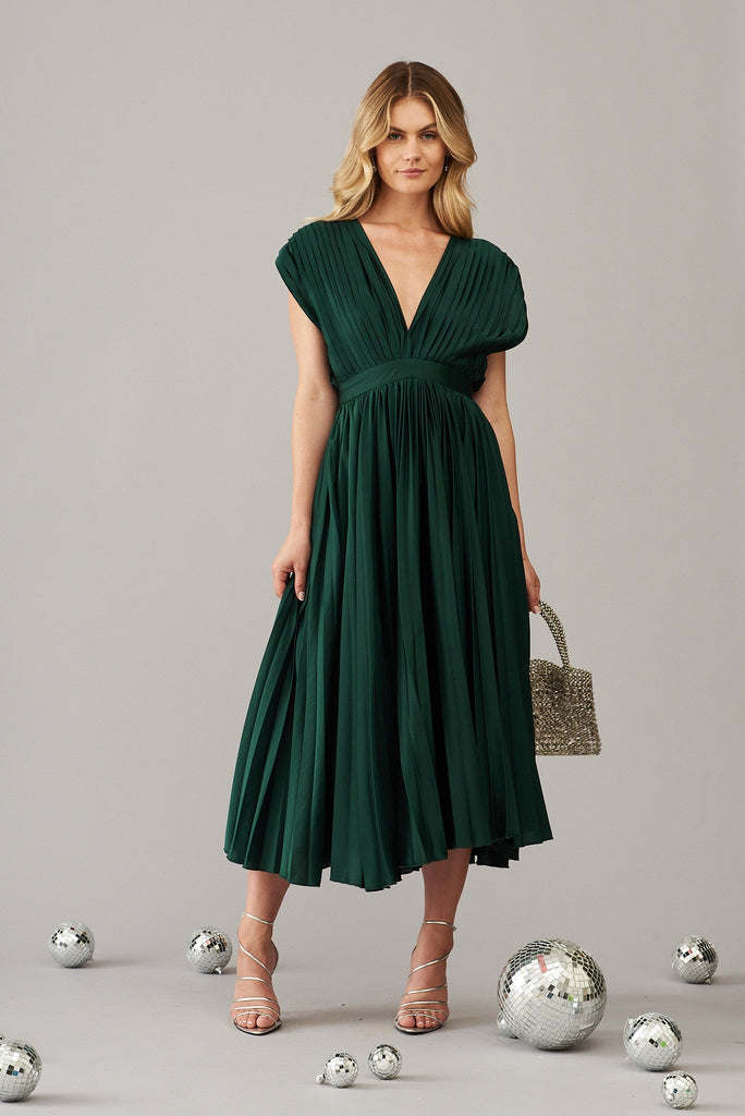 Anetta Midi Dress In Pleated Emerald Satin - St Frock (Dev)