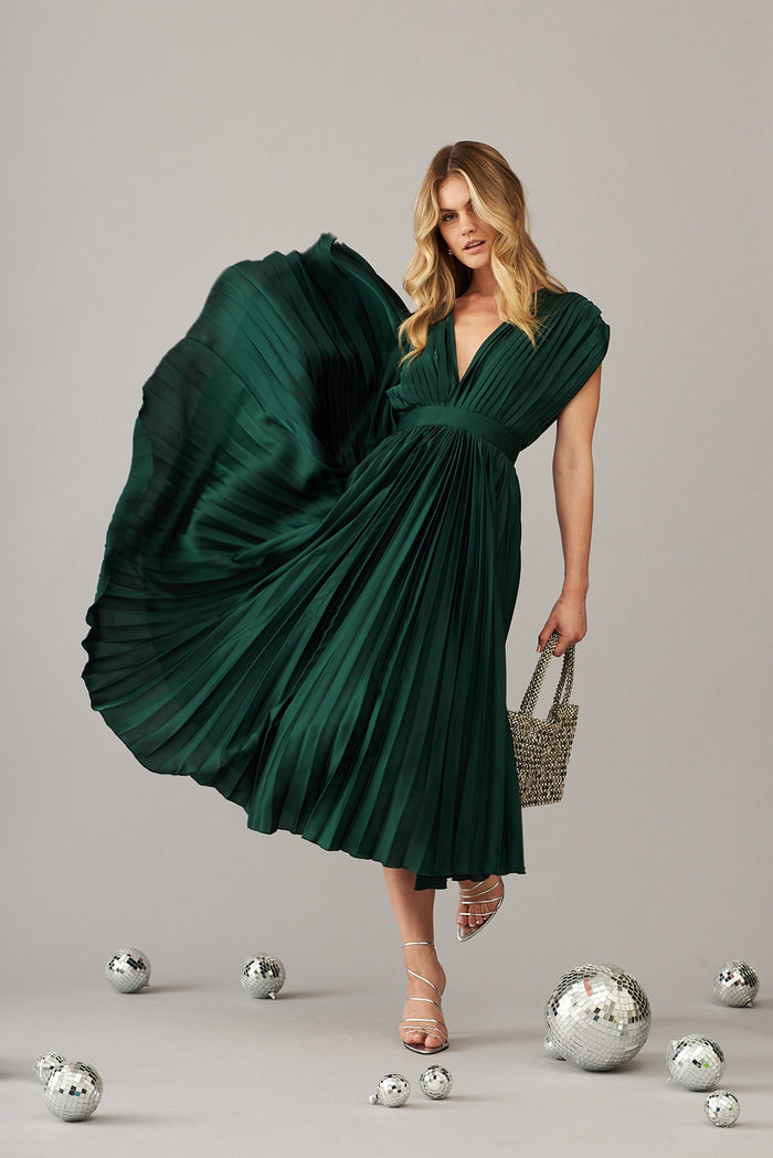 Anetta Midi Dress In Pleated Emerald Satin - St Frock (Dev)