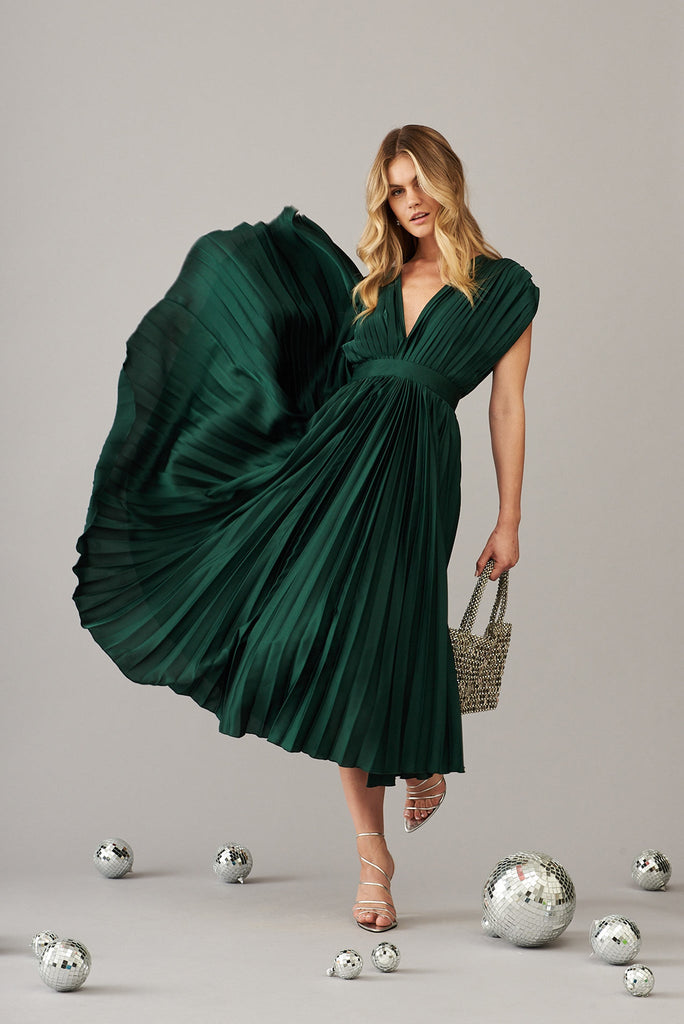 Anetta Midi Dress In Pleated Emerald Satin - St Frock (Dev)