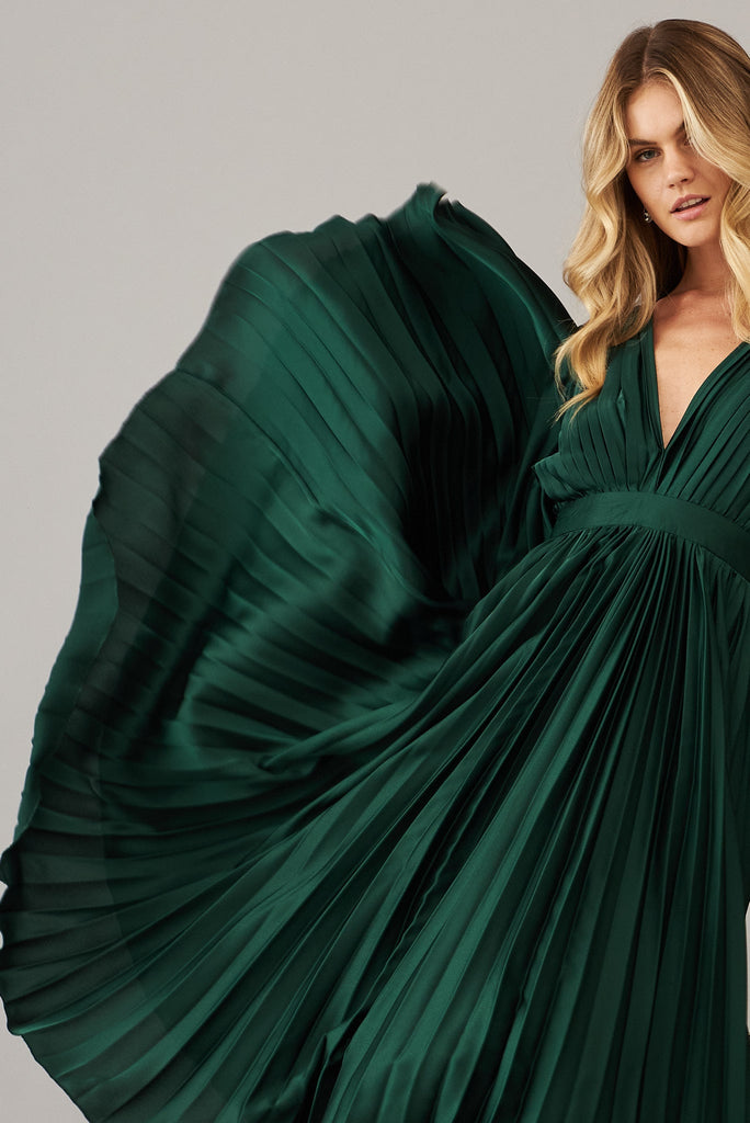 Anetta Midi Dress In Pleated Emerald Satin - St Frock (Dev)