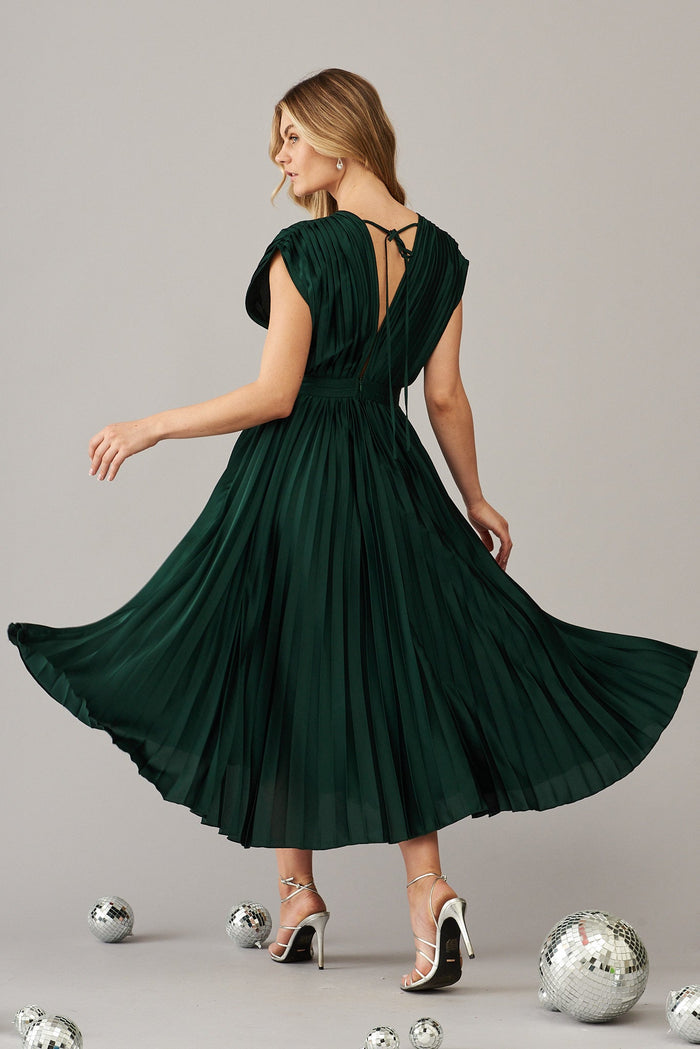 Anetta Midi Dress In Pleated Emerald Satin - St Frock (Dev)