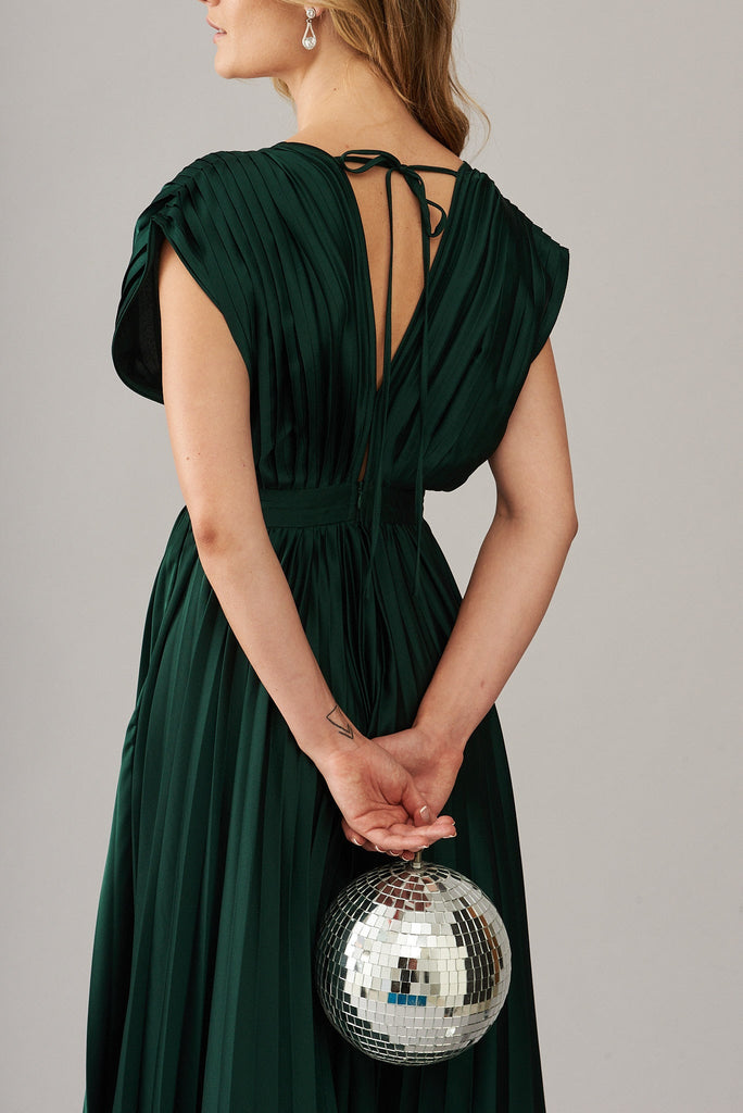 Anetta Midi Dress In Pleated Emerald Satin - St Frock (Dev)