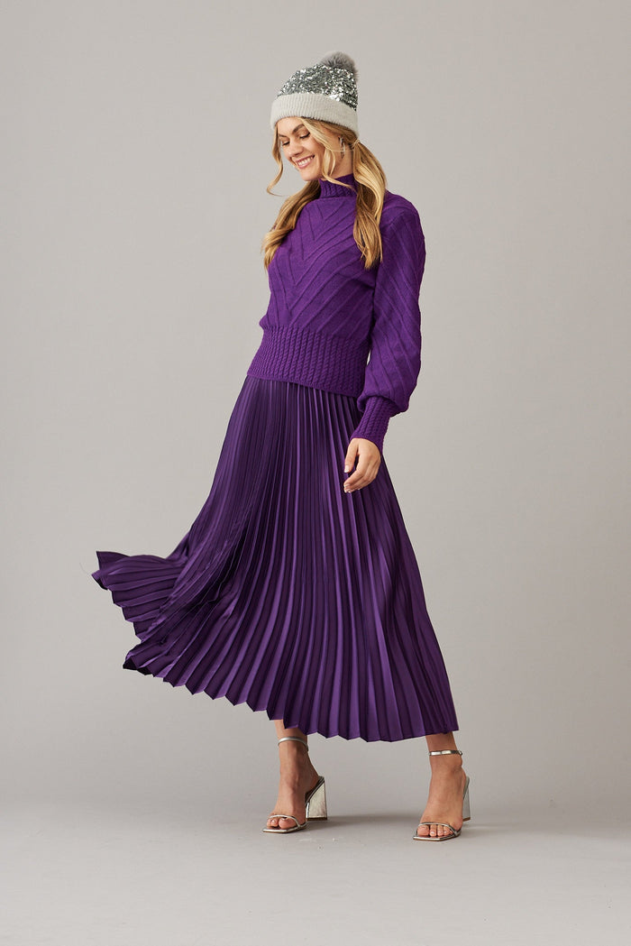 Allison Midi Pleat Skirt In Purple Satin - St Frock (Dev)