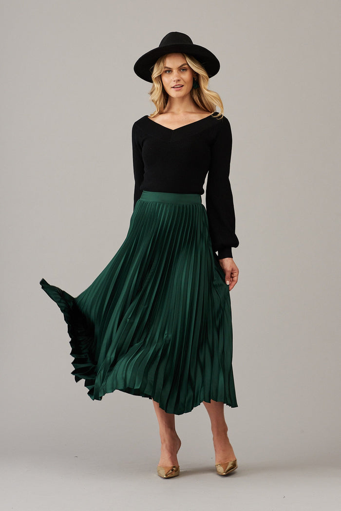 Allison Midi Pleat Skirt In Emerald Satin - St Frock (Dev)