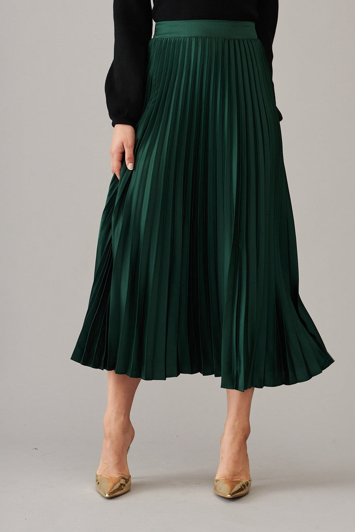 Allison Midi Pleat Skirt In Emerald Satin - St Frock (Dev)