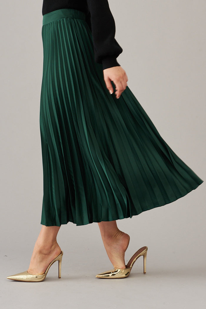 Allison Midi Pleat Skirt In Emerald Satin - St Frock (Dev)