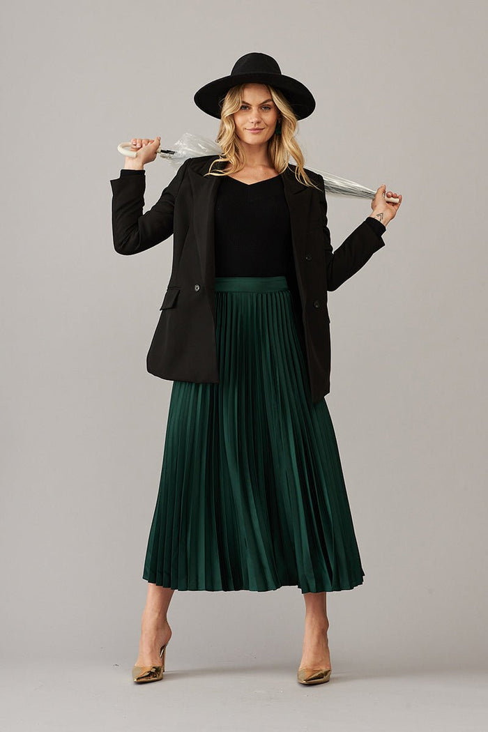 Allison Midi Pleat Skirt In Emerald Satin - St Frock (Dev)