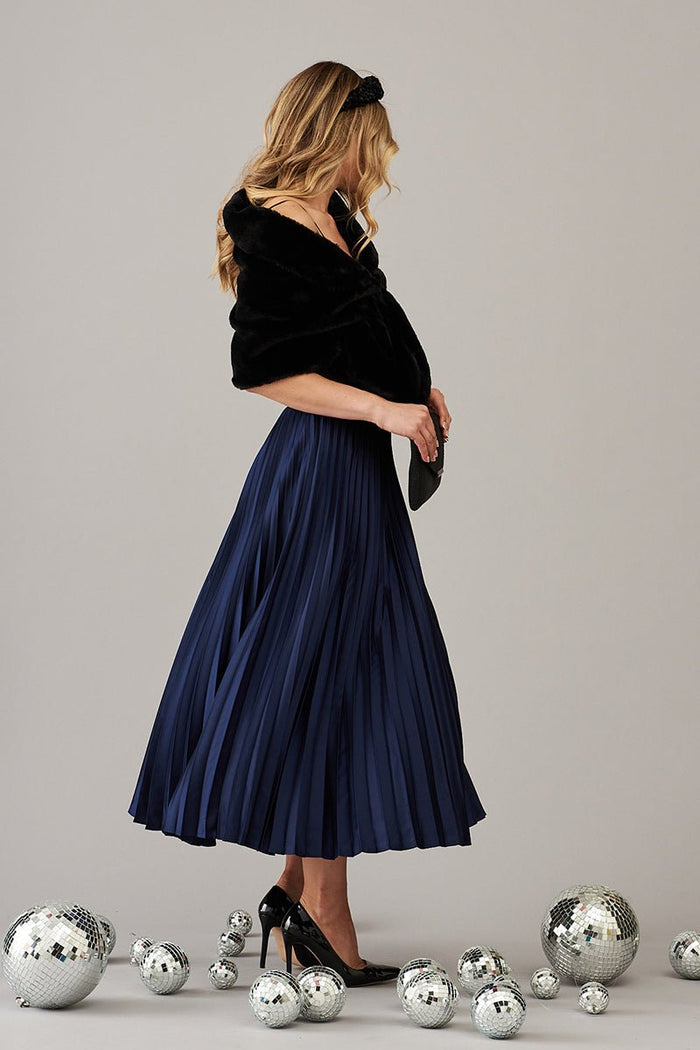 Allison Midi Pleat Skirt In Navy Satin - St Frock (Dev)
