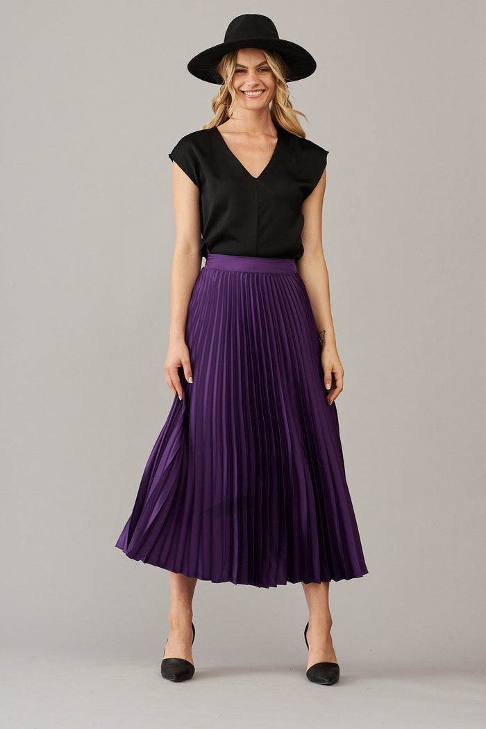 Allison Midi Pleat Skirt In Purple Satin - St Frock (Dev)