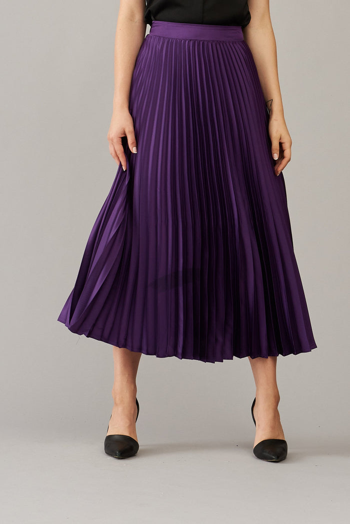 Allison Midi Pleat Skirt In Purple Satin - St Frock (Dev)