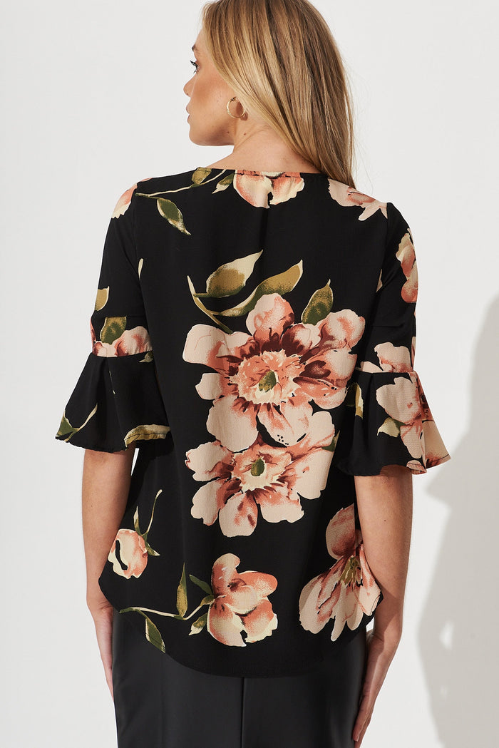 Tai Top In Black With Blush Floral Bubble Crepe - back