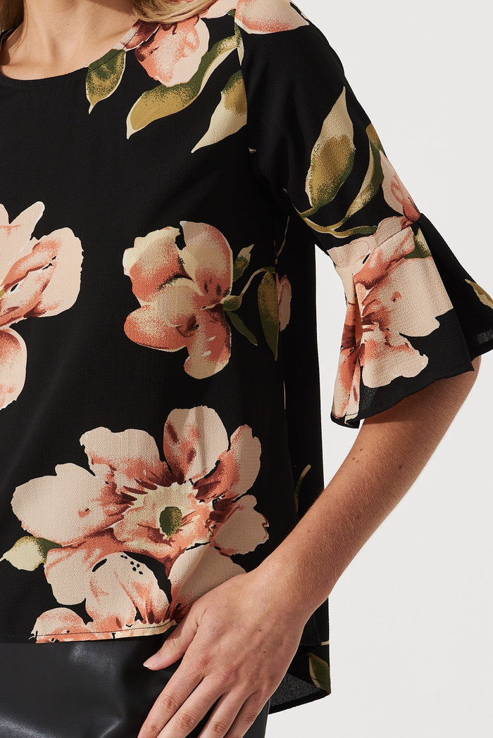 Tai Top In Black With Blush Floral Bubble Crepe - detail