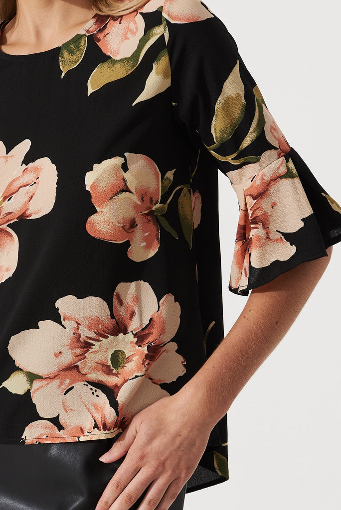 Tai Top In Black With Blush Floral Bubble Crepe - detail