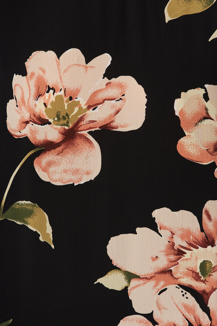 Tai Top In Black With Blush Floral Bubble Crepe - fabric