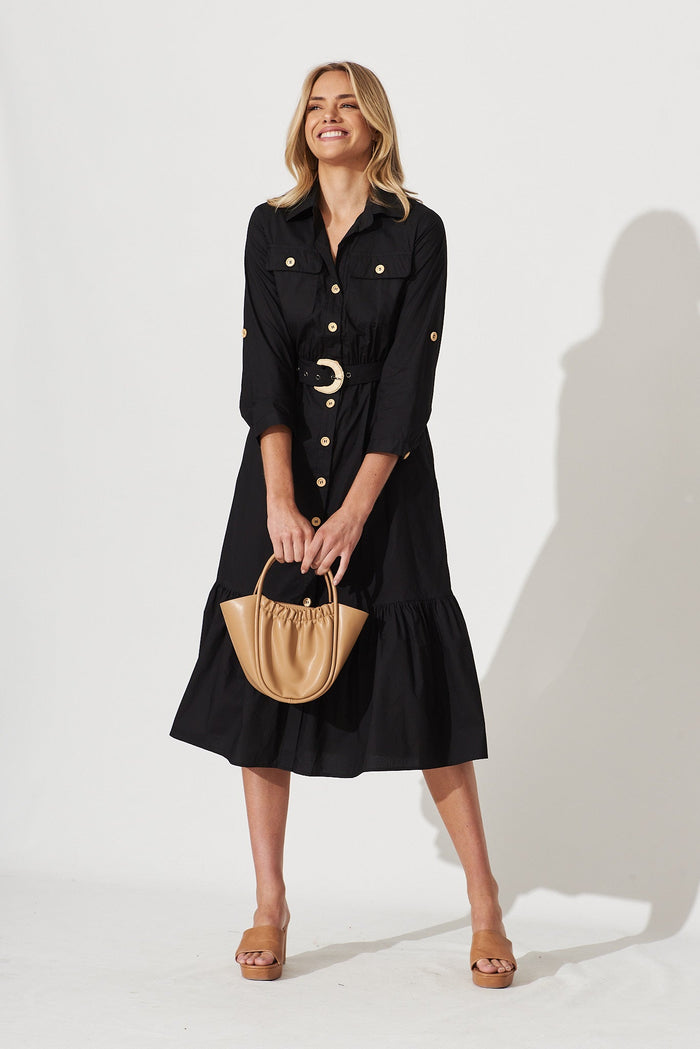 Cornellie Midi Shirt Dress In Black Cotton - full length