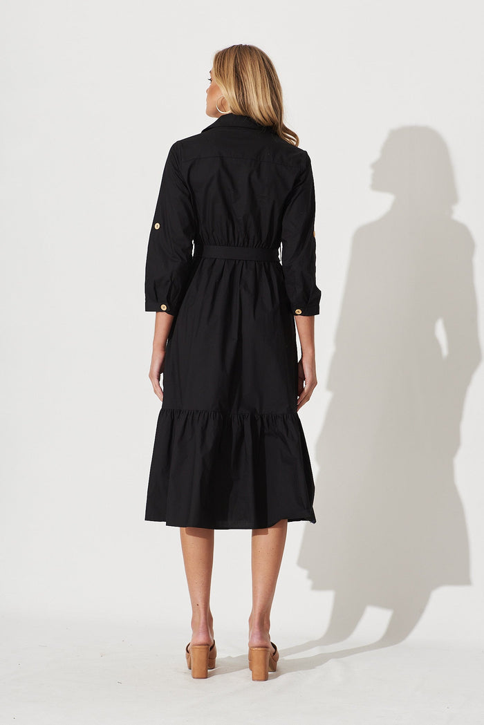 Cornellie Midi Shirt Dress In Black Cotton - back