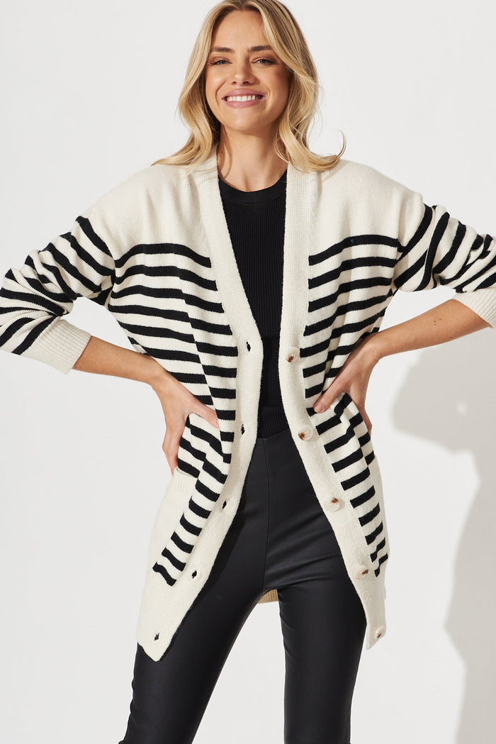 Jarvis Knit Cardigan In Beige With Black Stripe Wool Blend - front