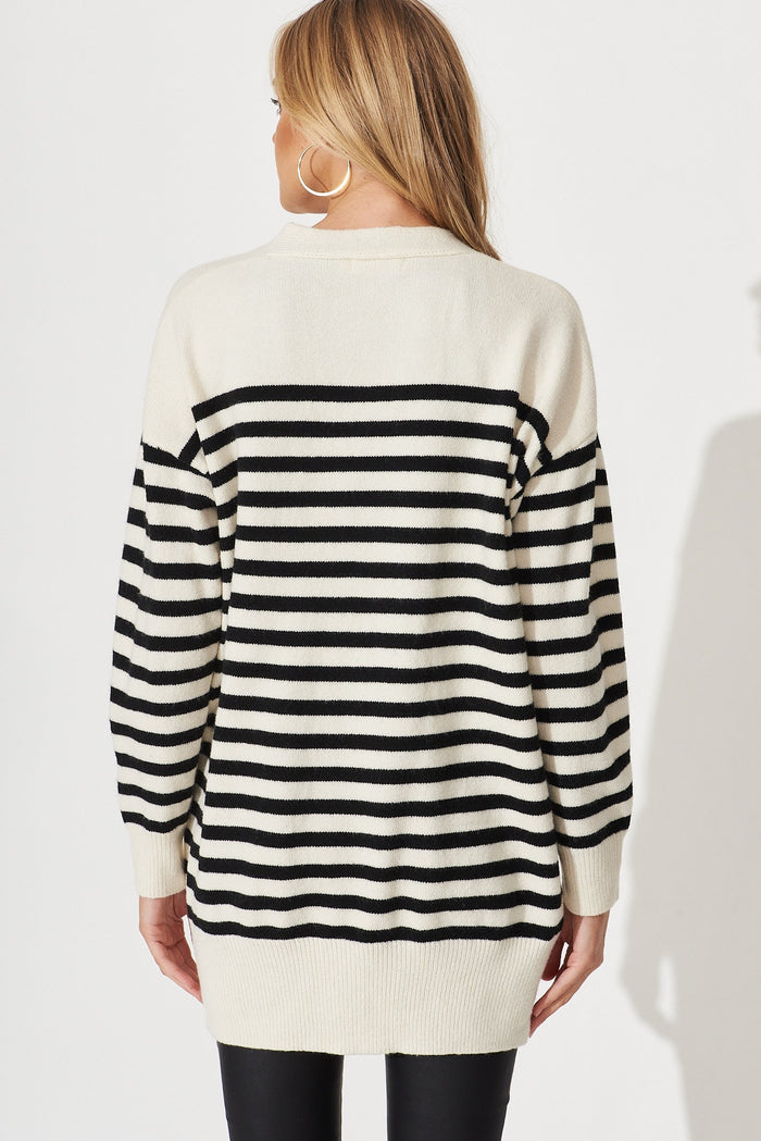 Jarvis Knit Cardigan In Beige With Black Stripe Wool Blend - back