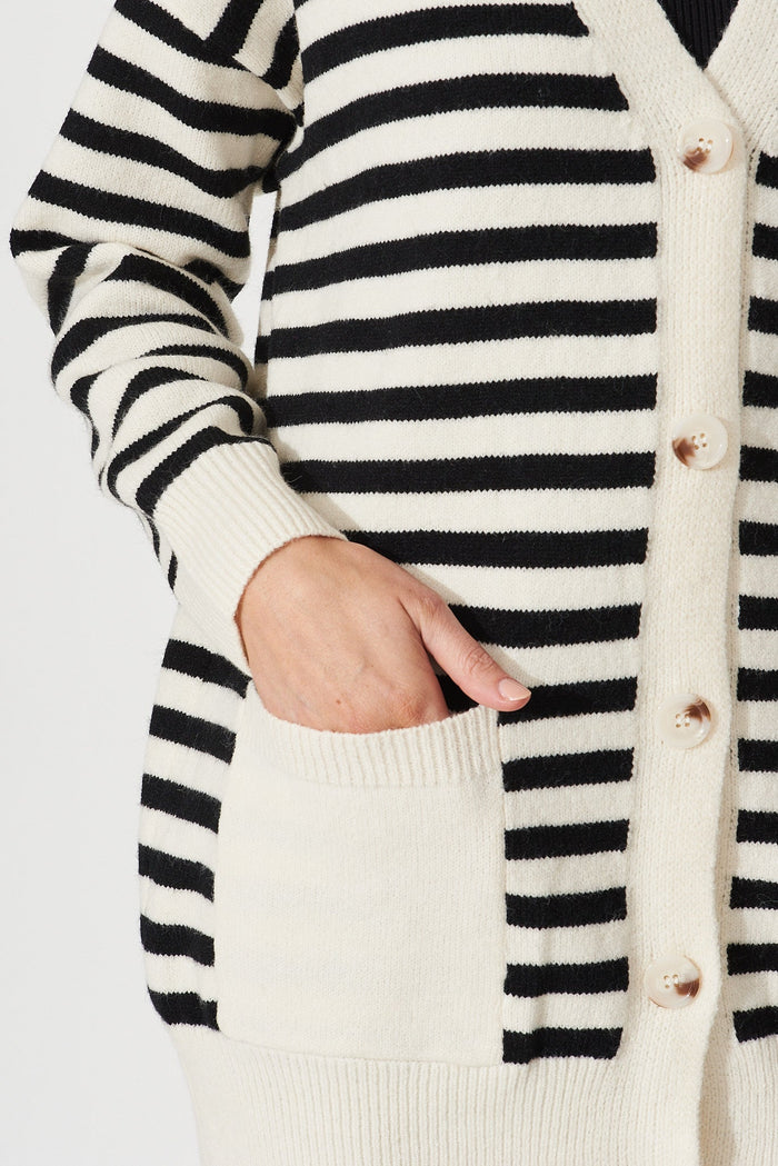 Jarvis Knit Cardigan In Beige With Black Stripe Wool Blend - detail