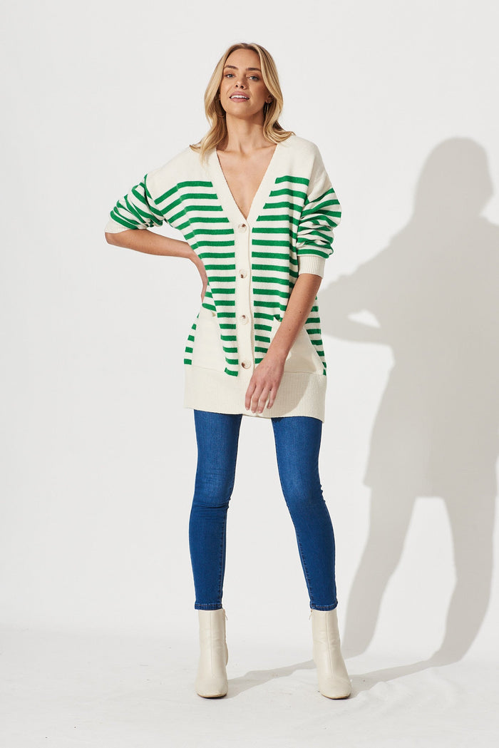 Jarvis Knit Cardigan In Beige With Green Stripe Wool Blend - full length