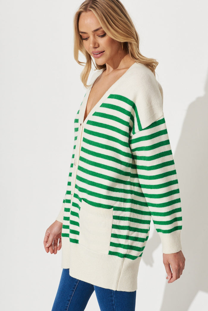 Jarvis Knit Cardigan In Beige With Green Stripe Wool Blend - side