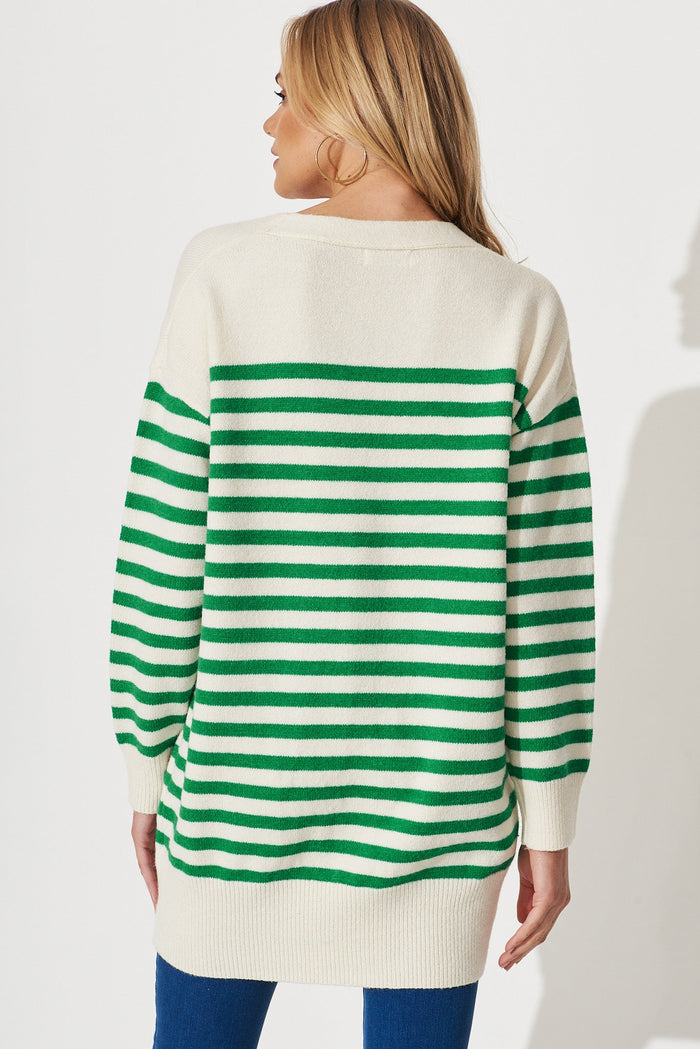 Jarvis Knit Cardigan In Beige With Green Stripe Wool Blend - back