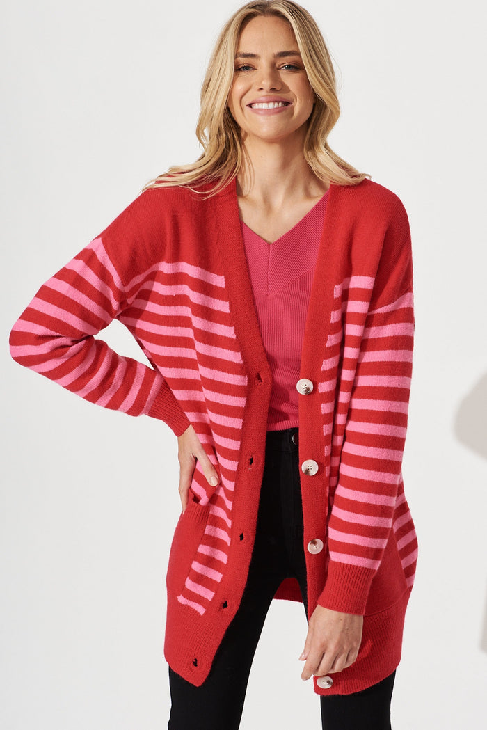Jarvis Knit Cardigan In Red With Pink Stripe Wool Blend - front