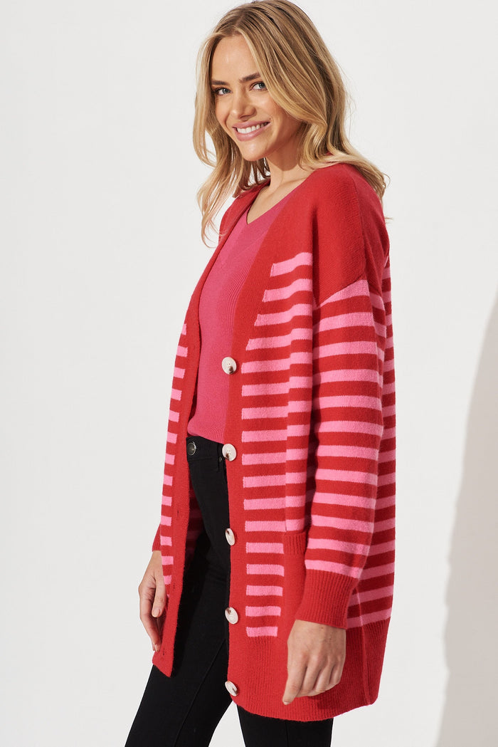 Jarvis Knit Cardigan In Red With Pink Stripe Wool Blend - side